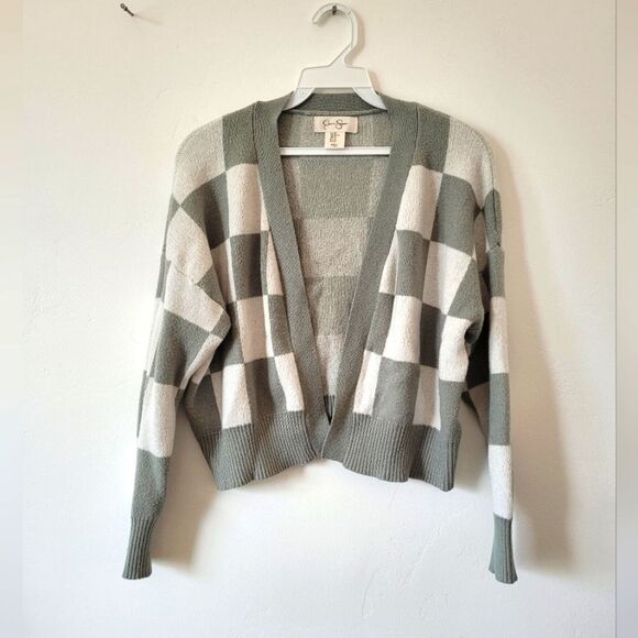 Jessica Simpson Checkered Cardigan Sage Green White Soft Cropped Oversized XS - Picture 1 of 9
